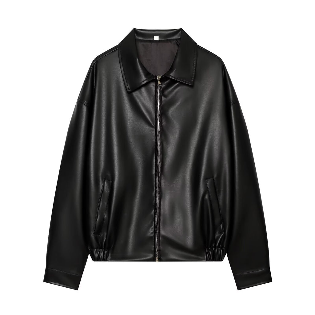 Women Faux Leather Short Jacket Drop Shoulder Streetwear
