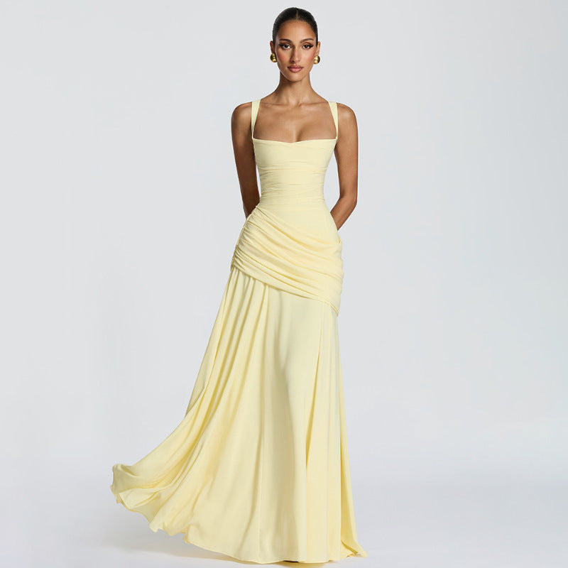 Solid-color sleeveless fitted-waist flared slip dress
