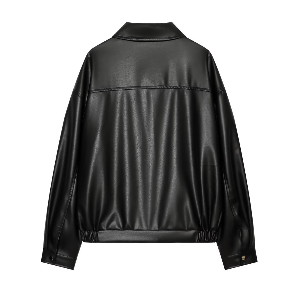 Women Faux Leather Short Jacket Drop Shoulder Streetwear