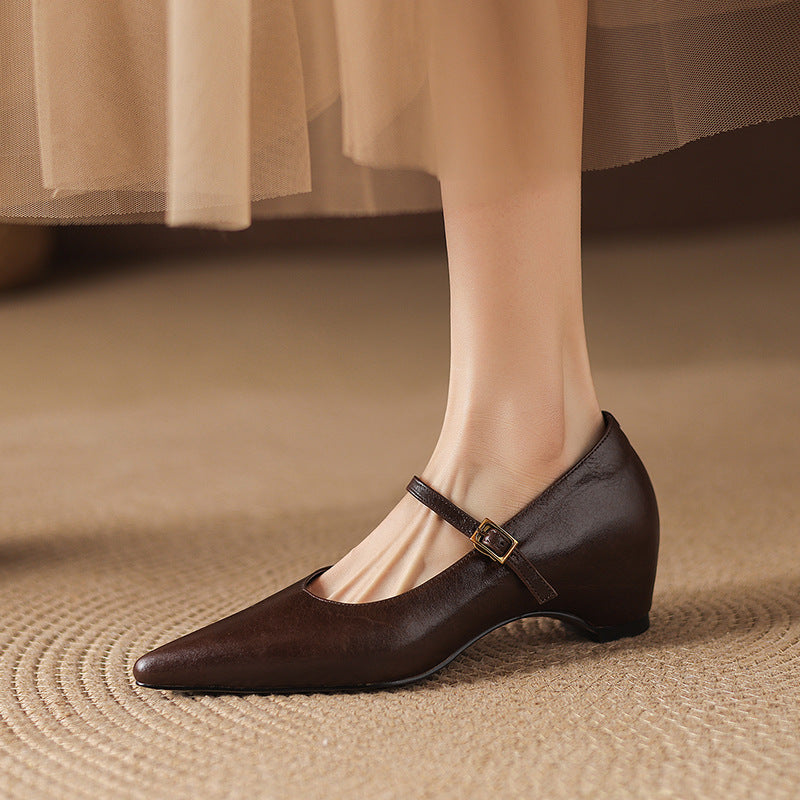 4cm Niche Fashion Shallow Slip-On Single-Strap Shoes 2026 Spring and Autumn New Pointed Toe Chunky Heel Slip-On Leather Shoes for Women