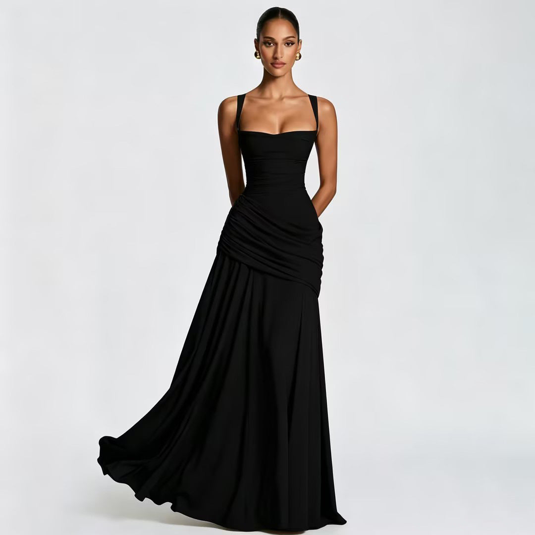 Solid-color sleeveless fitted-waist flared slip dress