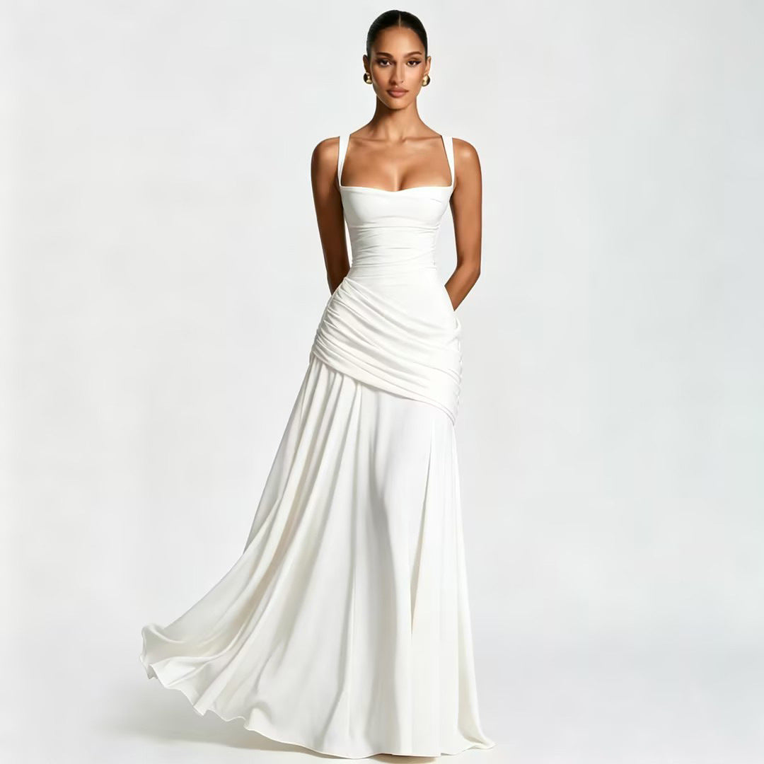 Solid-color sleeveless fitted-waist flared slip dress