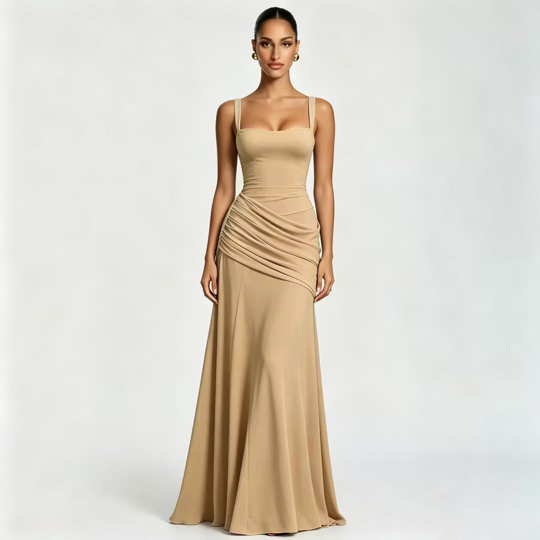 Solid-color sleeveless fitted-waist flared slip dress