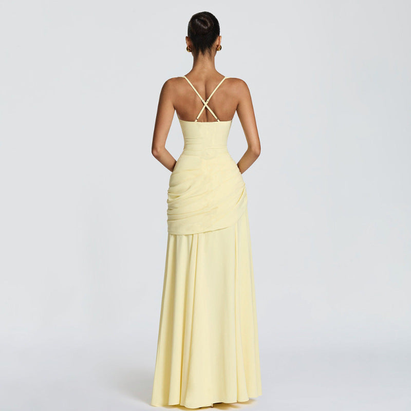 Solid-color sleeveless fitted-waist flared slip dress