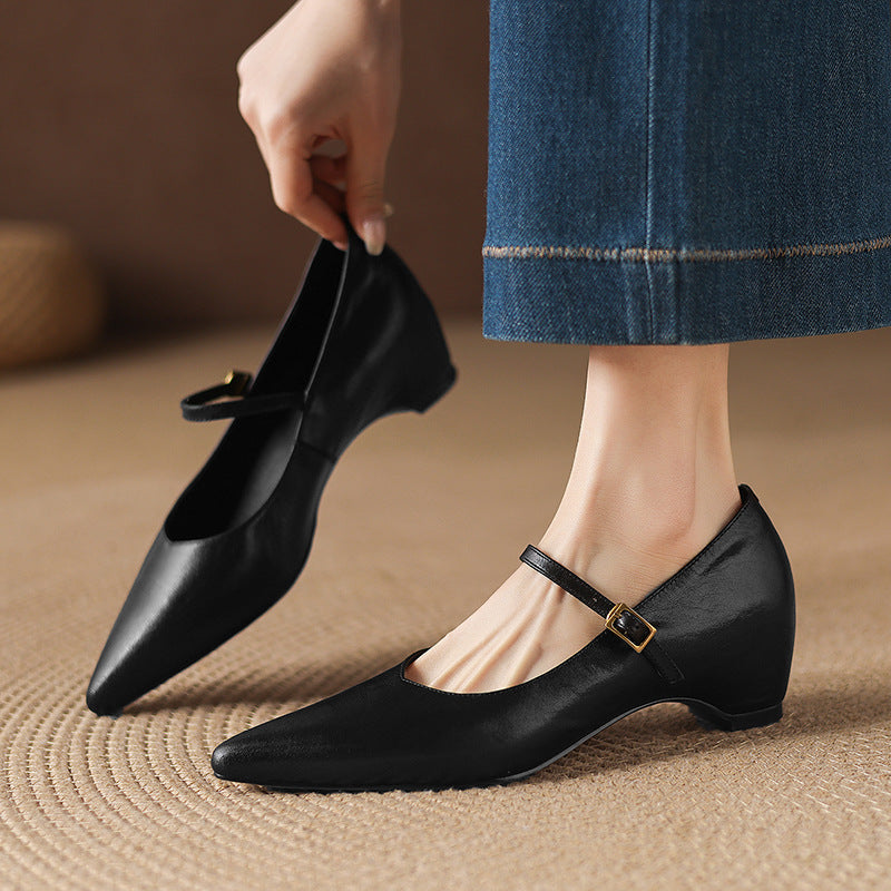 4cm Niche Fashion Shallow Slip-On Single-Strap Shoes 2026 Spring and Autumn New Pointed Toe Chunky Heel Slip-On Leather Shoes for Women