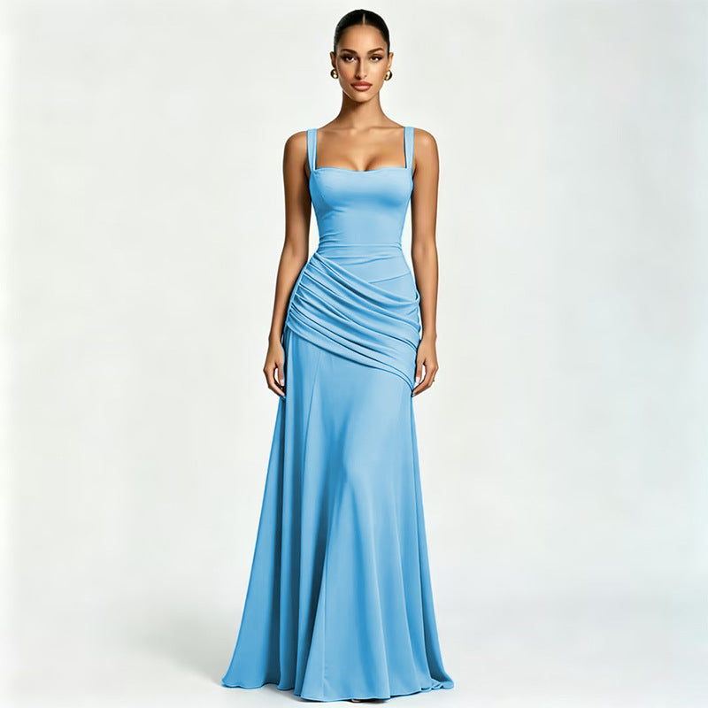 Solid-color sleeveless fitted-waist flared slip dress