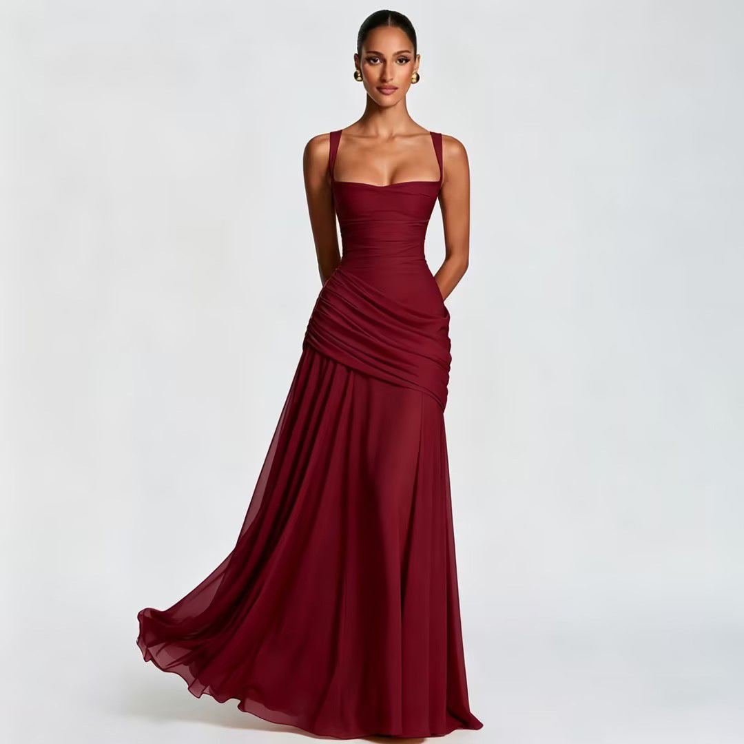 Solid-color sleeveless fitted-waist flared slip dress